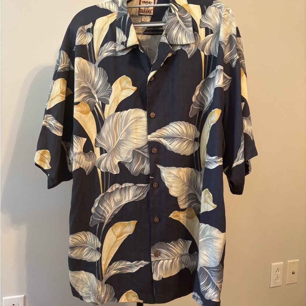 Tommy Bahama Blue and Tan Tropical Leaf Shirt